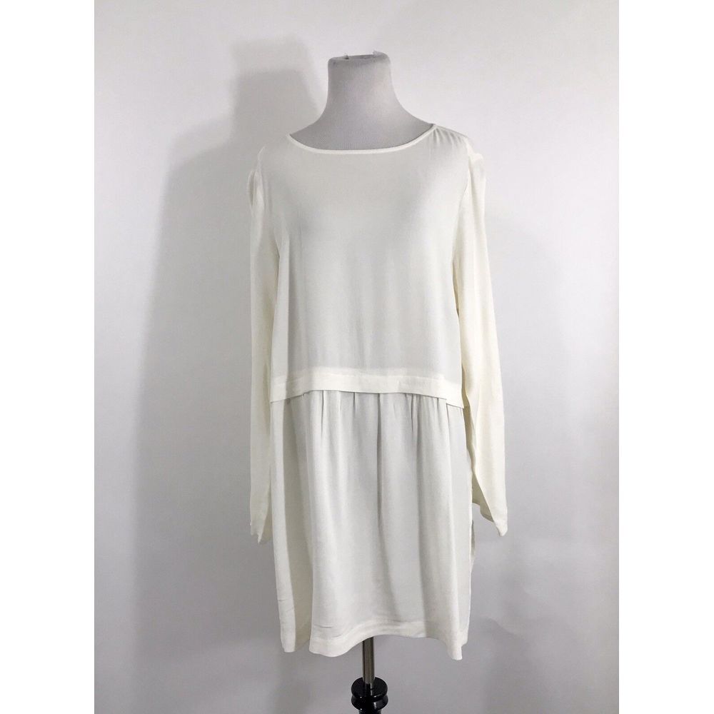 J. JILL White Long Sleeve Rayon Dress Side Slits Crew Neck Layered L